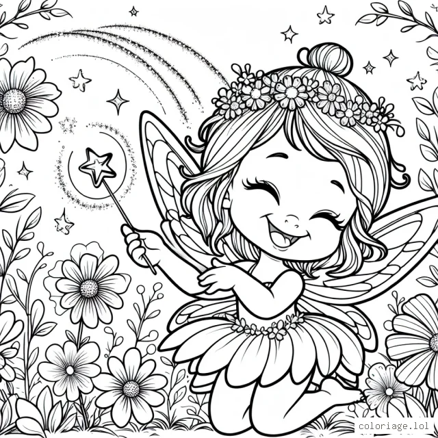 Une petite fée espiègle flotte dans un jardin de fleurs magiques et sourit joyeusement alors qu'elle prépare un sortilège de bonheur depuis son bâton chatoyant.