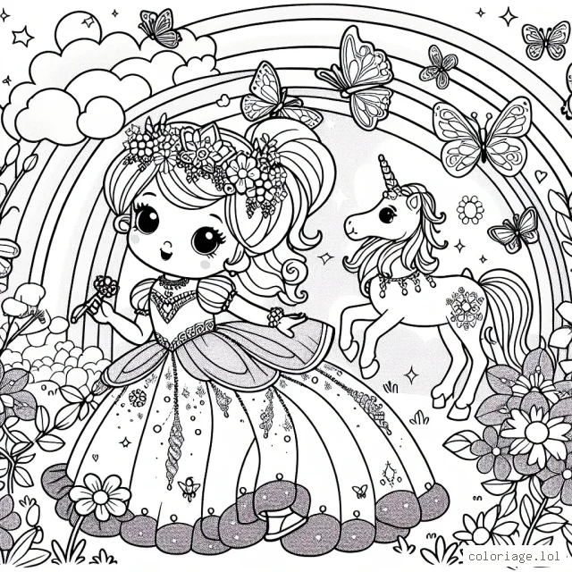 Une petite princesse se promène dans un jardin fleuri, entourée de papillons multicolores. Elle porte une longue robe ornée de gemmes étincelantes, et dans sa main, elle tient un sceptre magique. Un arc-en-ciel gracieux s'étend derrière elle, tandis que des licornes joyeuses galopent au lointain.