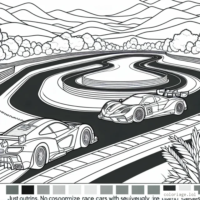 Dessine une course de voitures hautes en couleur sur une piste serpentant à travers un paysage panoramique. N'oublie pas de personnaliser tes voitures de course avec de magnifiques nuances !