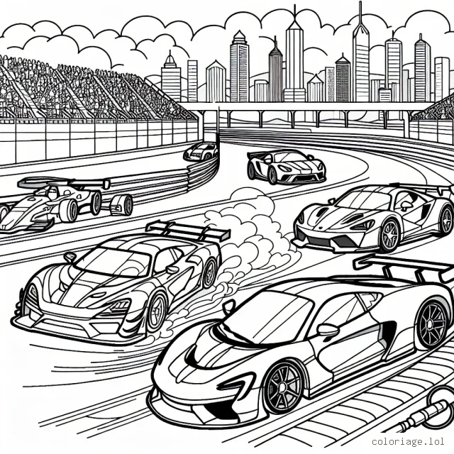 Imagine une scène animée dans un circuit de course avec différentes voitures de sport. Ton défi sera de donner vie à cette scène en y ajoutant des couleurs.