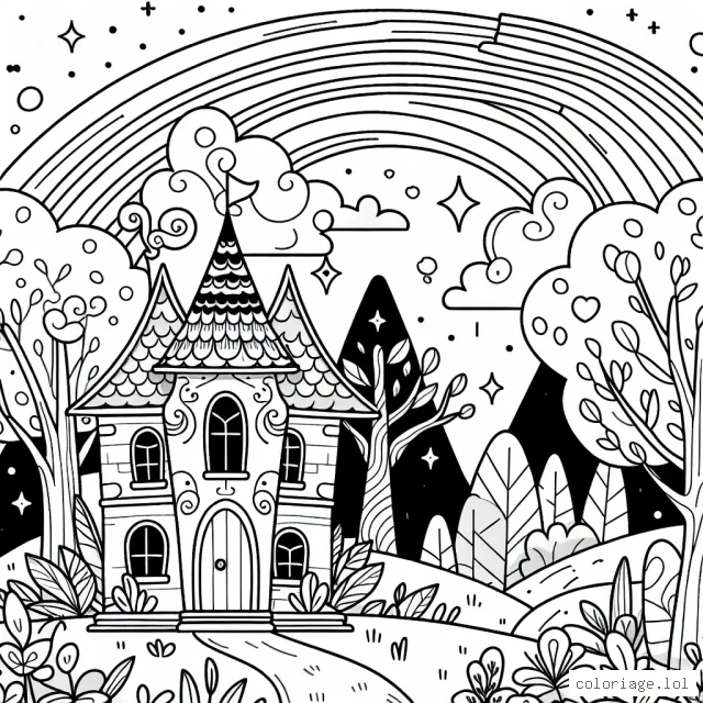 Dessine une maison enchantée dans une forêt magique traversée par un arc-en-ciel.