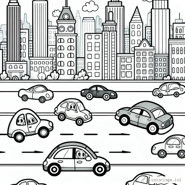 Un traffic amusant au centre-ville rempli de voitures de différentes formes et tailles