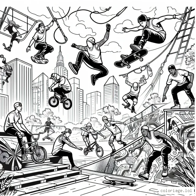Élaborer une scène d'action trépidante où une équipe de sportifs extrêmes effectue différentes activités comme le skateboard, le bungee jumping, le BMX freestyle et la planche à neige dans un parc urbain vibrant d'énergie. Les sportifs doivent être en pleine action et le parc doit être rempli de structures dynamiques comme des rampes, des escaliers, des rails et des murs pour graffitis.