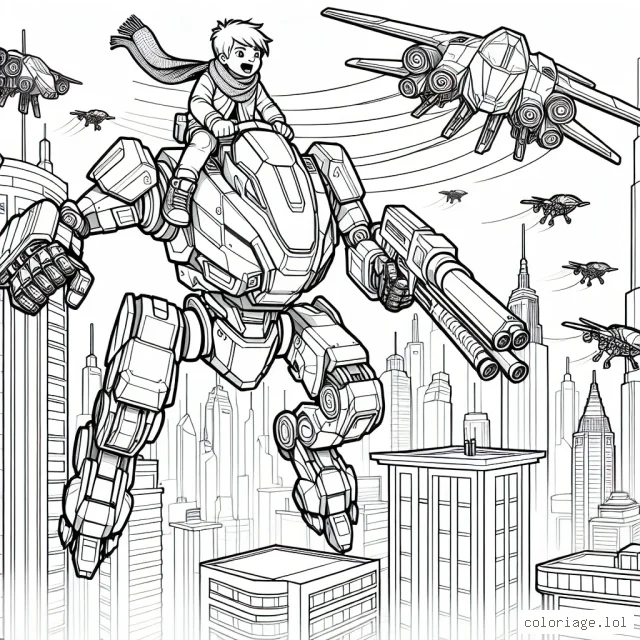 Un petit garçon courageux chevauche son grand robot de combat à travers une ville futuriste, bondissant par-dessus de grands gratte-ciel, tandis que des drones volants tournoient autour d'eux.