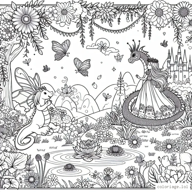 Une princesse joue avec son petit dragon au milieu d'un jardin enchanté, rempli de fleurs et de papillons.