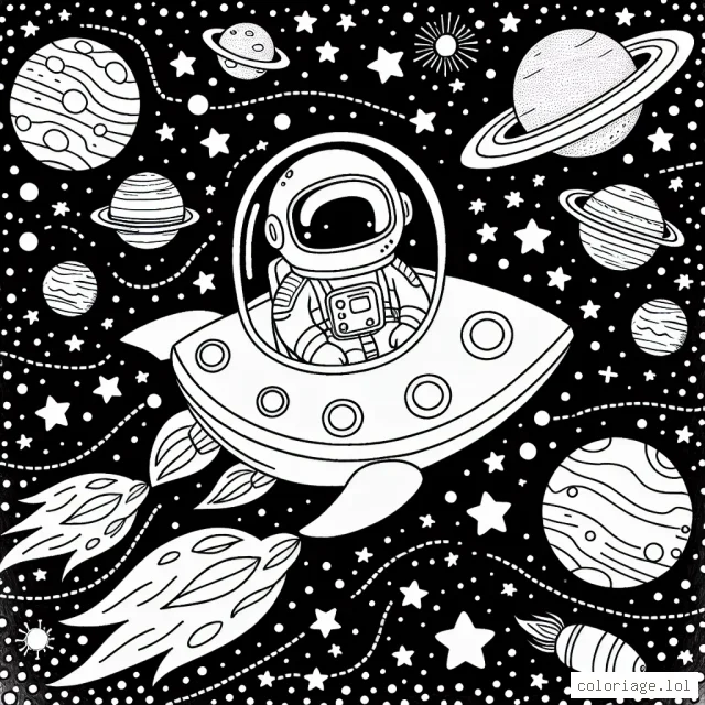Un super astronaute dans un fabuleux vaisseau spatial, parcourant la galaxie parsemée de planètes, d'étoiles et de comètes colorées.