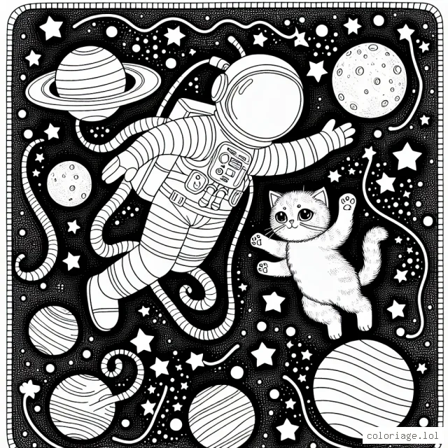 Un astronaute flotte en apesanteur dans l'espace, jouant avec un chat mignon portant un scaphandre. Des planètes colorées et des constellations brillantes les entourent. Dessine cette scène merveilleuse !
