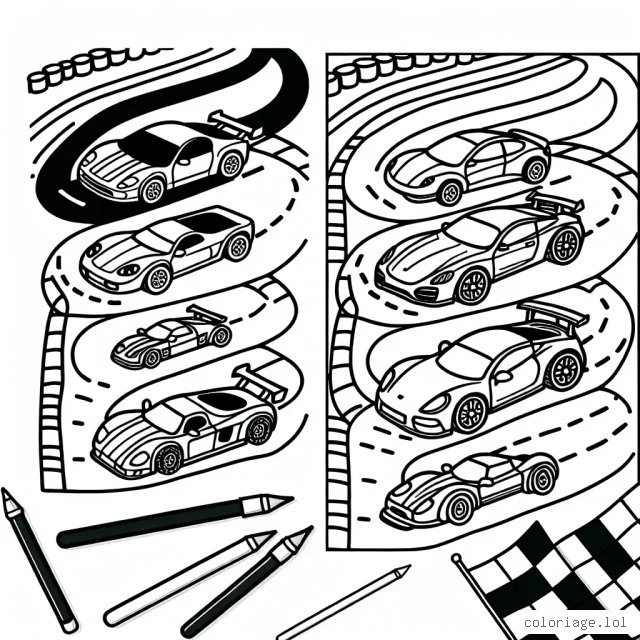 Un circuit automobile avec des voitures colorées de plusieurs modèles