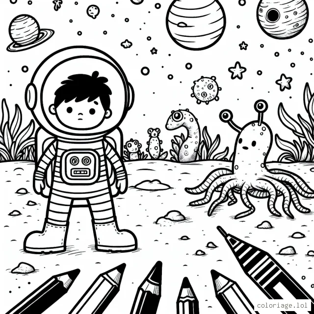 Un jeune astronaute explorant une nouvelle planète avec d'étranges créatures et des formes de vie inconnues.
