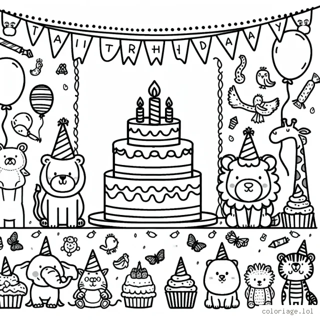Image d'une fête d'anniversaire au zoo avec divers animaux et gâteaux d'anniversaire