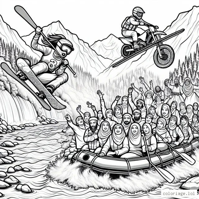 Imagine un cadre montagneux majestueux avec des skieurs et des snowboardeurs exécutant des figures audacieuses dans l'air. Un dirt biker franchit un saut audacieux sur un sentier rocheux, tandis qu'une équipe de rafters braves les rapides tumultueux d'une rivière sauvage en bas