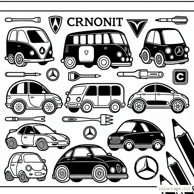 Des voitures de différentes marques sont dessinées sur une grande page, chaque voiture a une forme et des détails uniques correspondant à sa marque. Certains logos de marque sont également inclus à côté de chaque voiture. Les marques comprennent des constructeurs célèbres tels que Renault, Peugeot, Mercedes, Tesla, et plus encore.