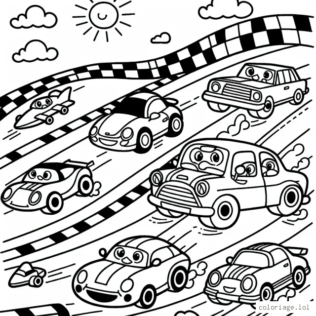 Dessine des voitures de différentes marques sur un circuit de course.