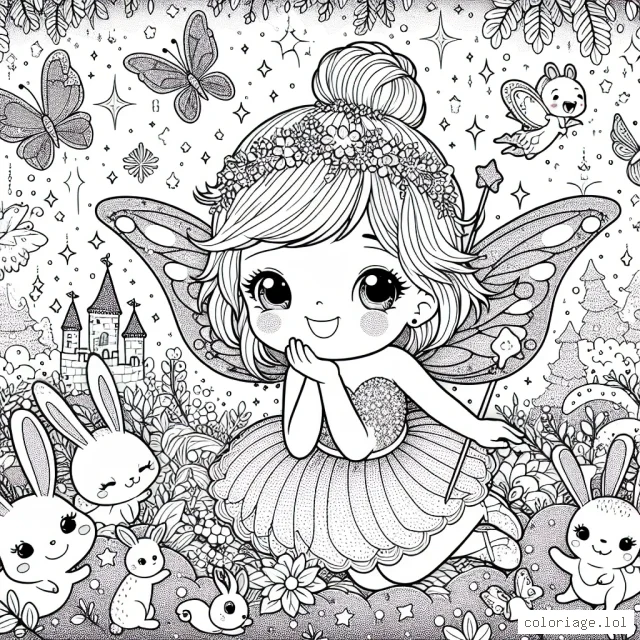 Sur une page blanche scintillante, une petite fée souriante flotte doucement. Elle a de grandes ailes délicates, une robe de soie filée et une baguette magique avec une étoile au bout. Autour d'elle, une myriade d'animaux enchanteurs de la forêt - des lapins espiègles, des écureuils espiègles, des oiseaux mélodieux et des papillons étincelants. Dans le coin supérieur, on voit le contour de son royaume magique, un château brillant.
