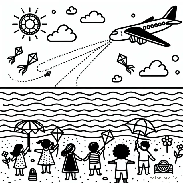 Un avion passe au-dessus de l'océan bleu, parmi des nuages blancs et un soleil éclatant jaune. Sur la plage, des enfants font voler des cerfs-volants colorés en admiration de l'avion.