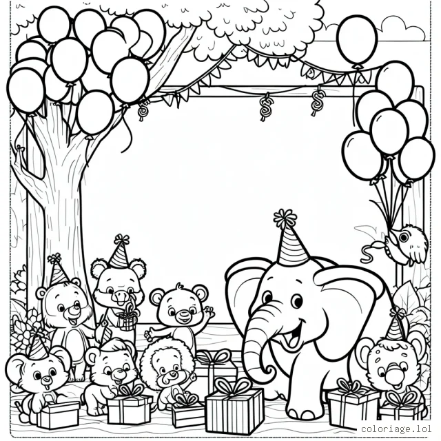 Imagine une scène passionnante dans laquelle un groupe d'animaux de la jungle organise une fête d'anniversaire surprise pour leur ami, l'éléphant. Dessine tous les petits détails : les ballons accrochés aux arbres, les animaux emballant les cadeaux, l'éléphant surpris et heureux.