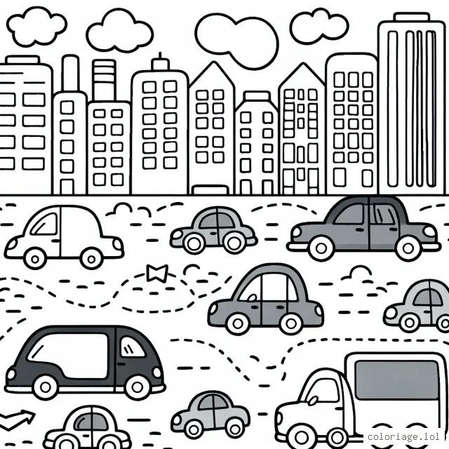 Dépeint une scène animée en ville avec des voitures de différentes formes et tailles se déplaçant dans diverses directions.