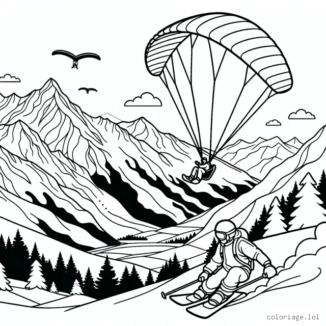 Un parapentiste survolant des montagnes enneigées avec un snowboarder en pleine descente