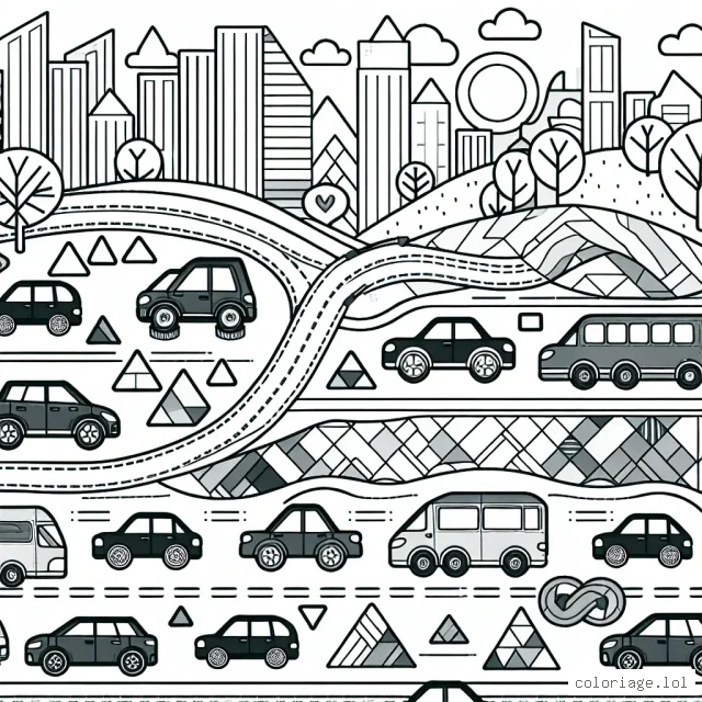 Des voitures de différentes formes et de différentes tailles sont alignées sur une route sinueuse, avec en arrière-plan une ville animée. Des formes géométriques sont intégrées aux voitures et au paysage pour favoriser l'apprentissage des formes par les enfants.