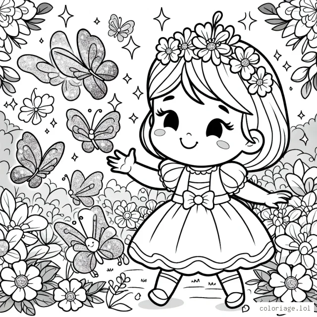 Une petite princesse jouant avec des papillons scintillants dans un jardin aux fleurs parfumées