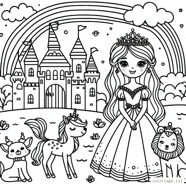 Une princesse élégante devant son magnifique château, entourée de ses animaux amis et d'un joli arc-en-ciel