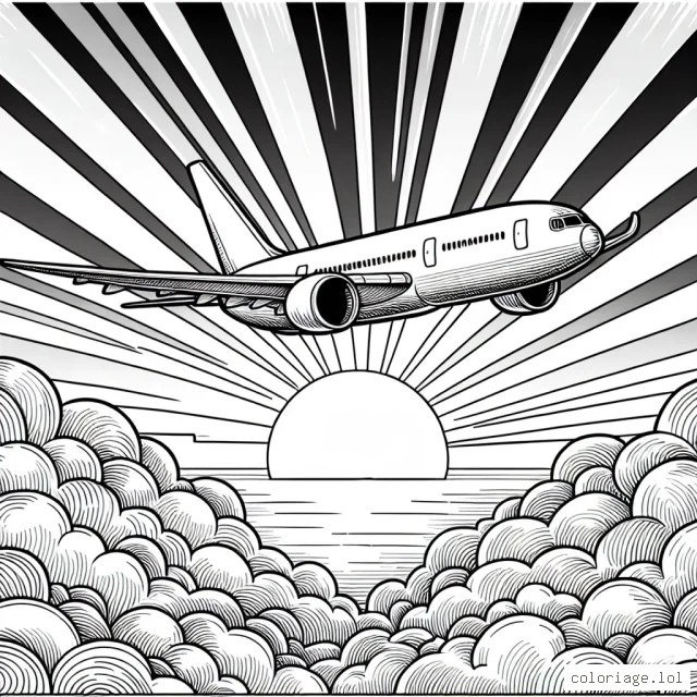 Dessine un avion de ligne volant au-dessus des nuages, avec le lever du soleil à l'arrière-plan. Assure-toi d'inclure les détails de l'avion et de lui donner une apparence grandiose et majestueuse. Les nuages doivent être mousseux et légers, et les rayons du soleil se répandent sur le ciel, teintant les nuages de couleurs vives.