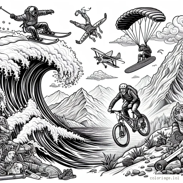Sur une grande montagne escarpée, un skieur intrépide s'élance avec audace sur la piste enneigée. A côté, un surfer défie les vagues monstrueuses de l'océan furieux, tandis qu'un parachutiste plonge des hauteurs du ciel au-dessus d'eux. Un vététiste s'aventure sur un terrain accidenté et dangereux, tout en évitant les pierres et les racines qui jonchent son chemin. Tandis qu'un skater réalise un saut audacieux par-dessus une rampe dans un parc à skate.