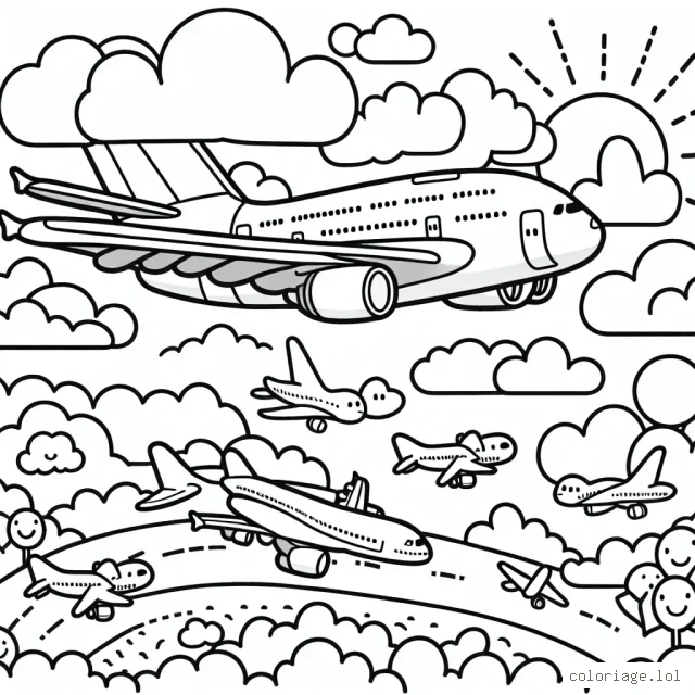 Un Airbus A380 survolant un champ de nuages avec différents types de mini avions.