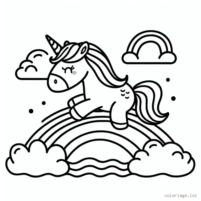 Une licorne faisant du surf sur un arc-en-ciel