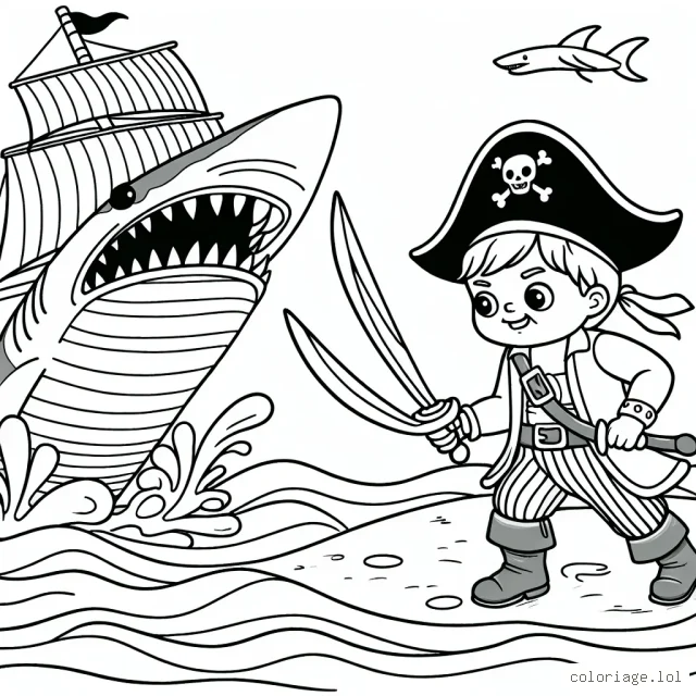 Un jeune pirate audacieux brandissant son épée face à un requin féroce tout en tenant fermement le gouvernail de son navire.