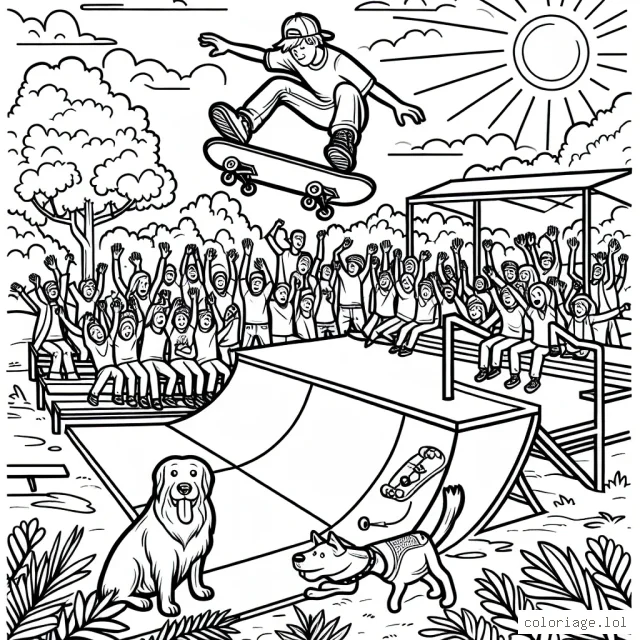 Visualise une scène où un skateur réalise un saut incroyable sur une rampe dans un parc à skateboard, entouré par des fans émerveillés et son chien fidèle. De plus, l'arrière-plan est pleinement centré sur la nature avec des arbres, du soleil et un ciel bleu. Tu peux choisir les couleurs les plus excitantes pour faire vivre cette image dynamique.