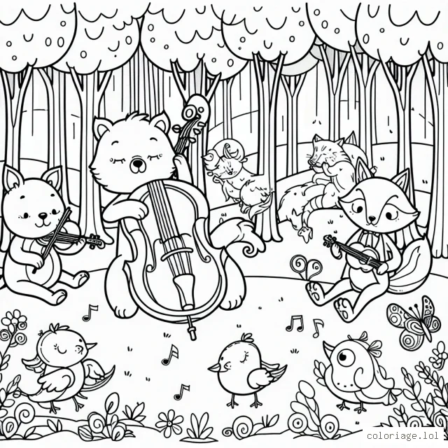 Une forêt enchantée avec des animaux de dessins animés jouant de divers instruments de musique dans une symphonie de la nature