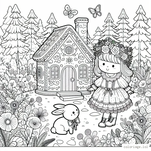 Dans une petite maison en pain d'épices cachée au fond des bois, une petite fille avec son lapin blanc s'amuse joyeusement. La petite fille porte une belle robe à volants et un chapeau de fée, tandis que son fidèle lapin a un ruban autour du cou. Autour d'eux, un jardin secret rempli de fleurs colorées et papillons.
