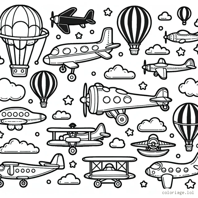 Imaginons un monde dans le ciel, où les enfants sont invités à ajouter des couleurs à des avions de toutes sortes. Quels couleurs feront leur avion ? Jet, hydravion, ballon dirigeable... Tout est possible !