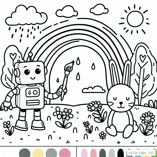 Dessine une scène où un robot et un lapin peignent un magnifique arc-en-ciel dans le jardin