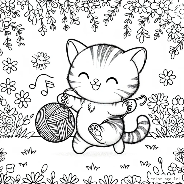 Un adorable chaton jouant avec une balle de laine colorée dans un jardin ensoleillé plein de fleurs