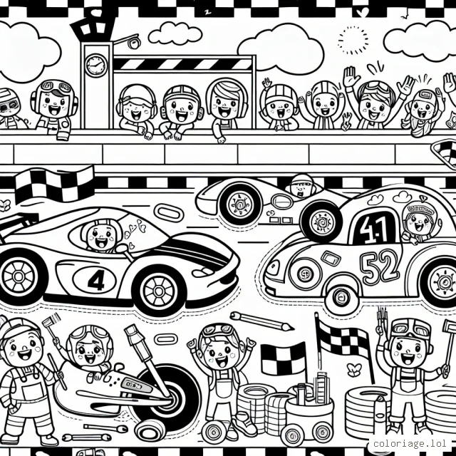 Imagine des voitures en pleine course sur une piste animée avec des personnages amusants encourageant les voitures. Voitures de différentes formes, tailles, et expressions uniques qui reflètent leurs personnalités, des décorations sur les voitures et la piste, aussi un arrêt au stand avec des outils, des pneus et des équipiers pour rendre l'illustration plus dynamique.