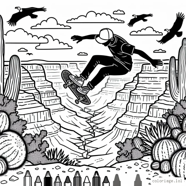 Dessine un skateur effectuant un incroyable saut par-dessus le Grand Canyon avec son skateboard. N'oublie pas d'ajouter des vautours dans le ciel et des cactus autour du Canyon pour plus de détails. Sois créatif avec les couleurs !
