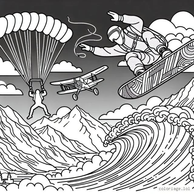 Dessine un skydiver qui vole dans le ciel azur, une vagues scintillantes prête à être surfer par le surfer intrépide et un snowboardeur qui descend d'une montagne majestueuse