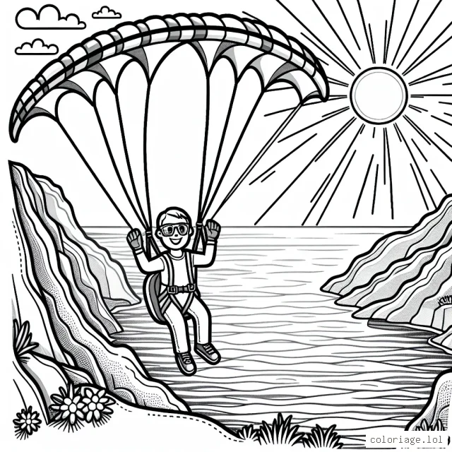 Un dessin détaillé d'une scène intense : un parapentiste souriant qui s'élance depuis une haute falaise surplombant un océan étincelant. Le soleil est à son zénith, créant une gamme de teintes vibrantes. À colorier, vous pouvez remplir la scène avec des couleurs vives et joyeuses. Oserez-vous prendre des risques avec des couleurs non conventionnelles pour le parapente ou la tenue du sportif ?