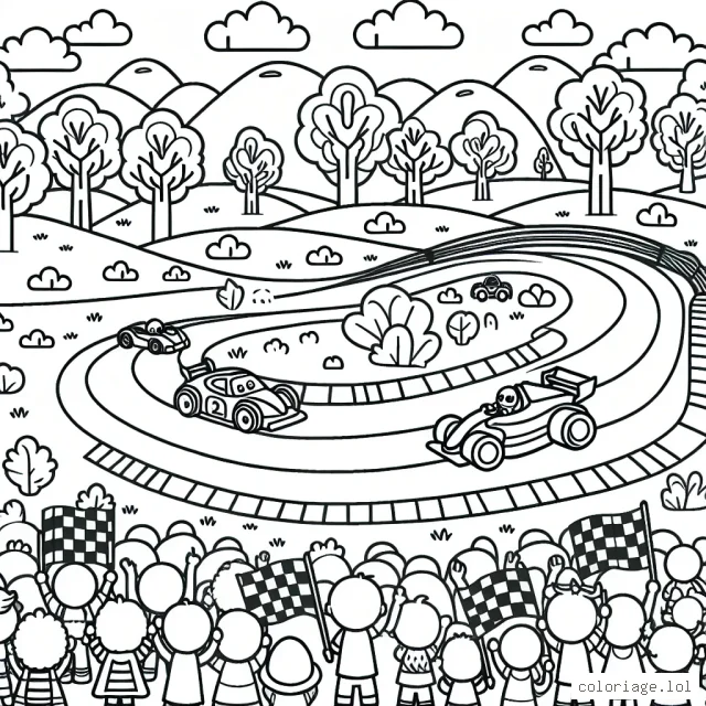 Dessinez une scène de course de voitures avec des personnages amusants et des paysages colorés.