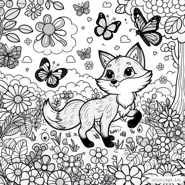 Un petit renard curieux explore un jardin enchanté rempli de fleurs lumineuses, de papillons vibrants et de créatures magiques.