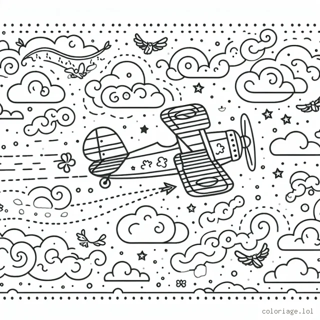 Créé une illustration complexe et amusante qui représente une course d'avions dans le ciel parsemé de nuages et de petits oiseaux