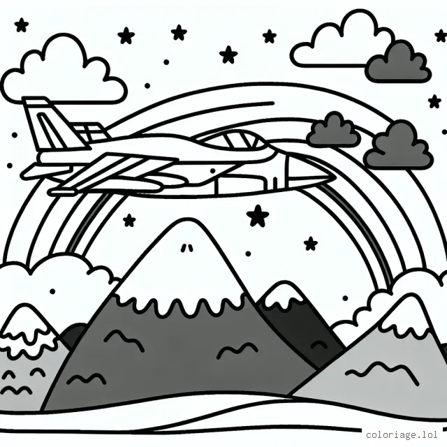 Un avion de chasse survolant les montagnes avec un arc-en-ciel en arrière-plan