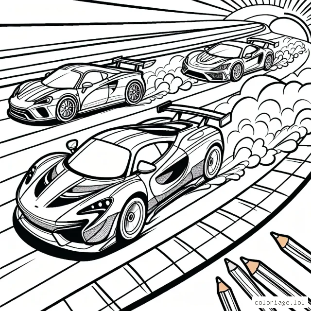 Dessinez une course passionnante entre des voitures de sport colorées sur un circuit de course éclairé par le soleil.