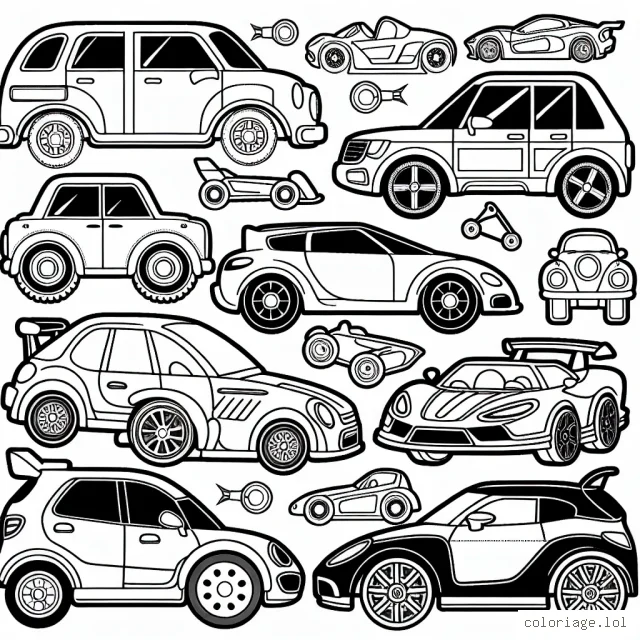Dessiner différentes voitures de marque dans un environnement d'exposition automobile.