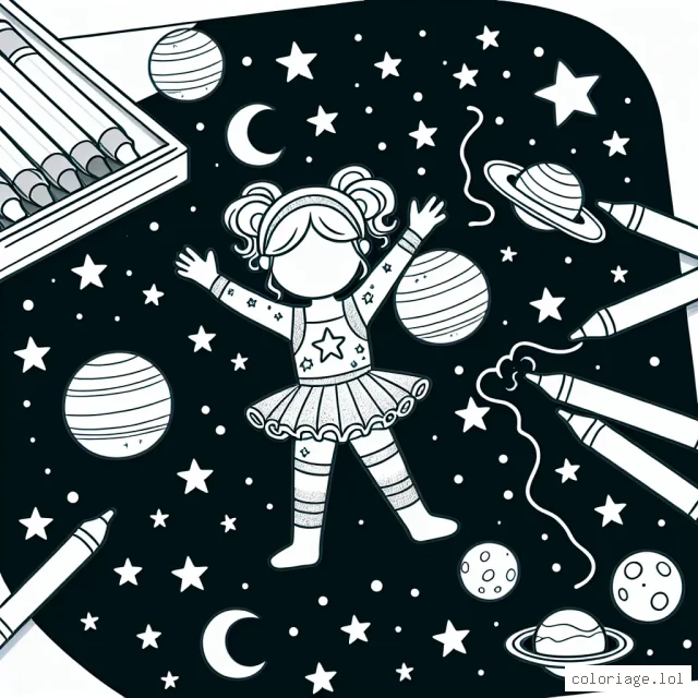 Tu es un danseur étoile au milieu de la galaxie. Colorie les étoiles, les planètes et ton costume de danseur étoile !