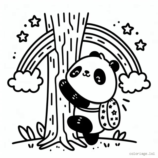 Un petit panda qui essaie de grimper à un arc-en-ciel en prenant appui sur un tronc d'arbre avec un sac à dos rempli d'étoiles