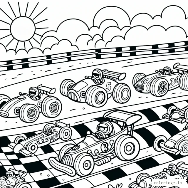 Un après-midi ensoleillé sur la piste de course. Il y a plusieurs voitures de course de différentes formes et tailles, préparées pour le grand départ. Chacune d'elles est unique et attend avec impatience le moment de rugir et de s'élancer sur la piste.