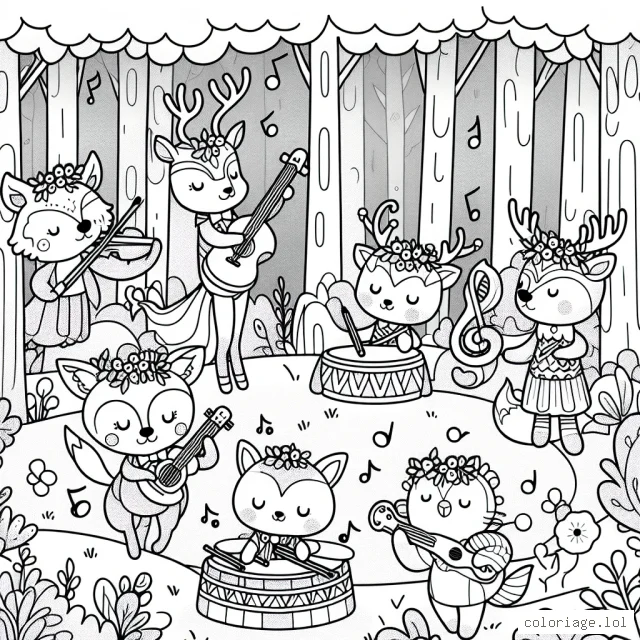Montre un groupe de musiciens animaux dans une forêt enchantée jouant de beaux instruments musicaux.